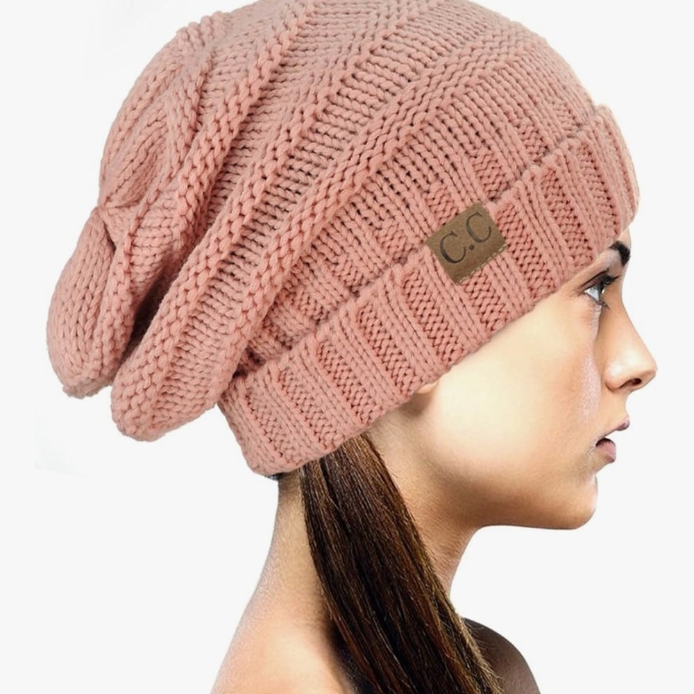 CC Indi Pink Knit Beanie, Wrinkled Beanie Cap Slouchy Skull Hat, Oversized - Picture 3 of 4